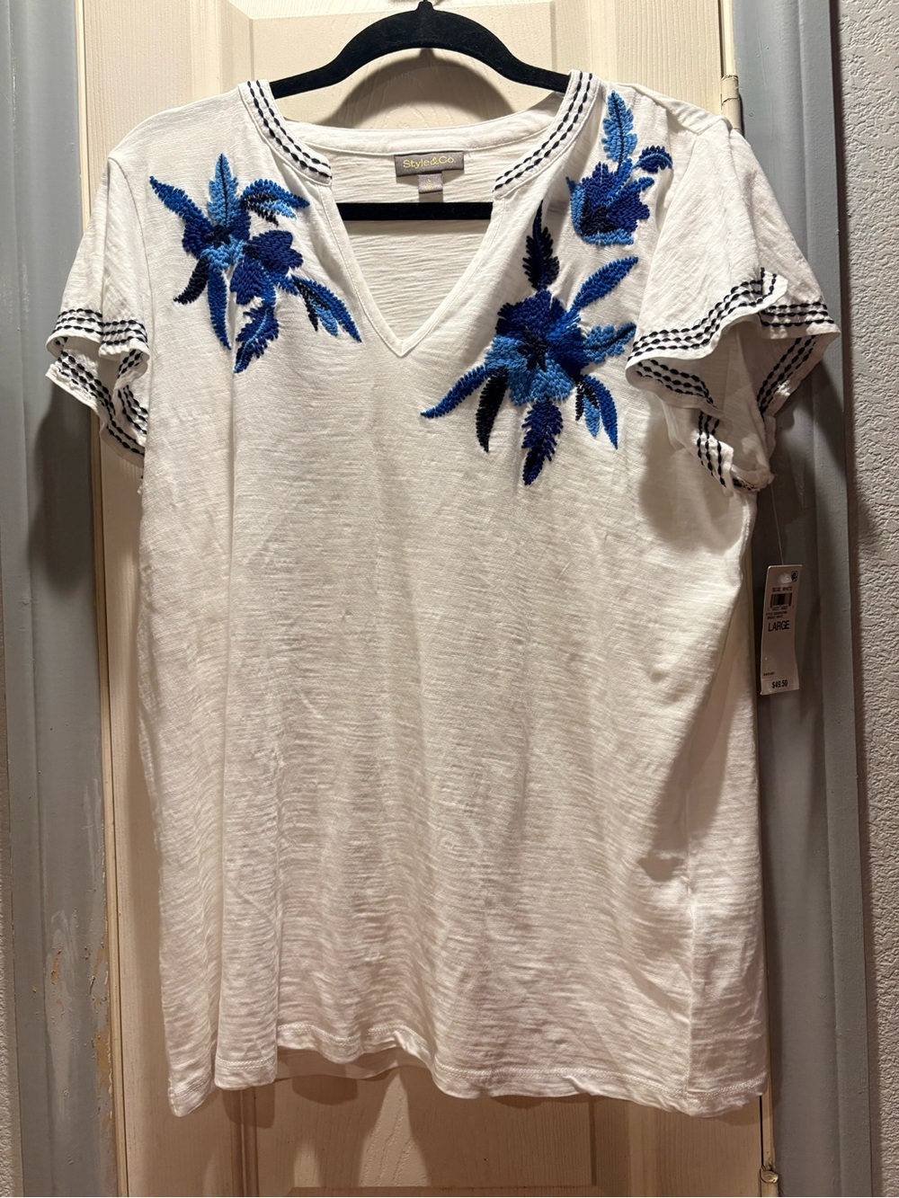 Style & Co. White V-Neck Tee with Blue Floral Embroidery